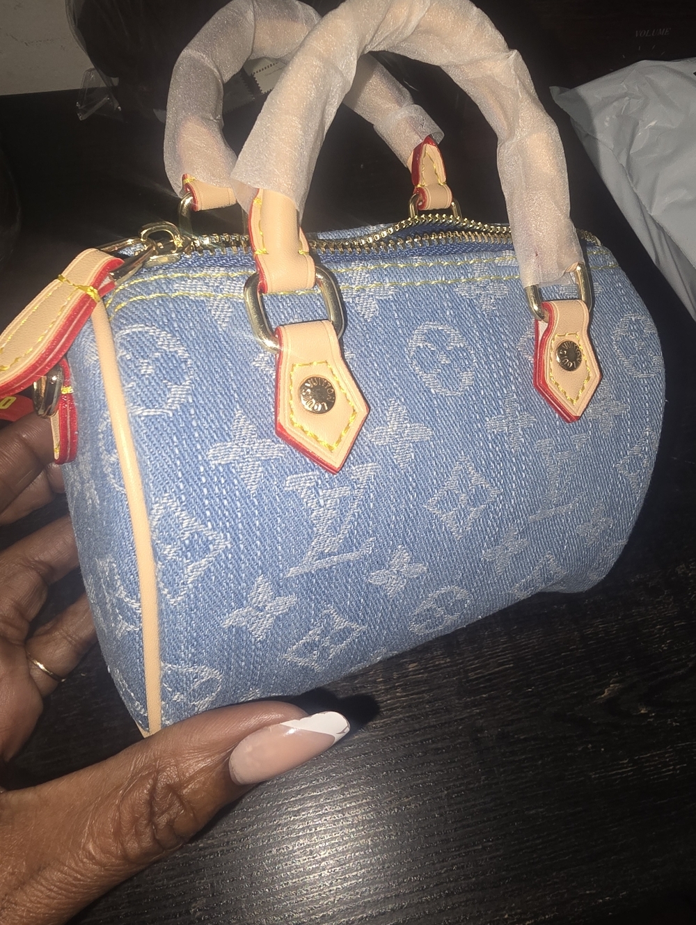 Jean Blue Denim Monogram Micro Mini Bag with Tan Leather Trim